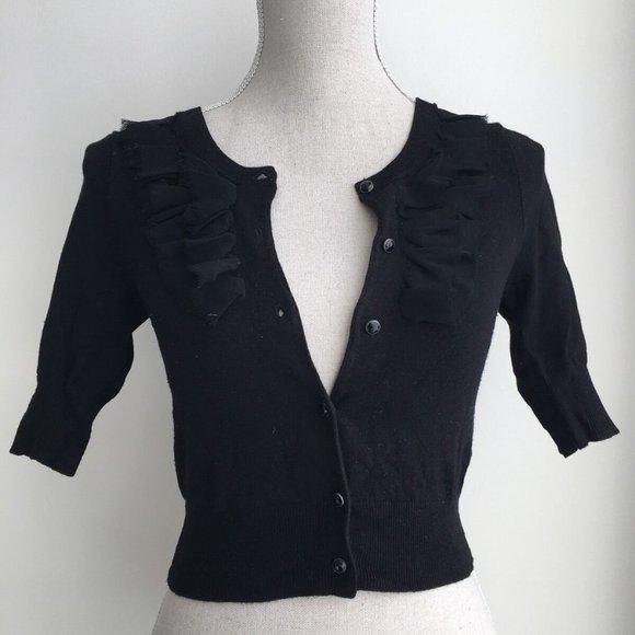 Express Sweaters - BLACK soft ruffle cropped cardigan short sleeve